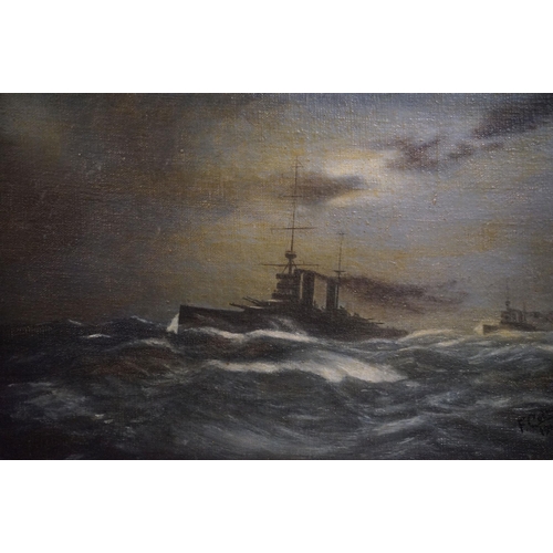 472 - Early 20th century oil on board of a convoy of World War I battleships at sea, signed F. Cottrell lo... 