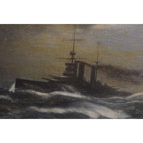 472 - Early 20th century oil on board of a convoy of World War I battleships at sea, signed F. Cottrell lo... 