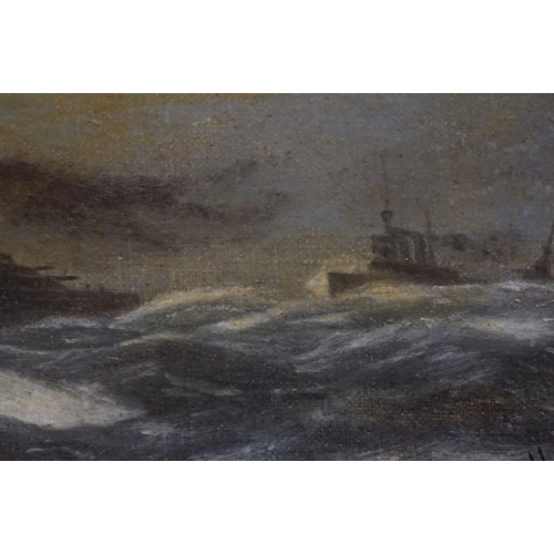 472 - Early 20th century oil on board of a convoy of World War I battleships at sea, signed F. Cottrell lo... 