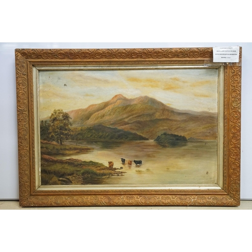 475 - Late 19th century / early 20th century Scottish school, lake scene with cattle, oil on board, initia... 