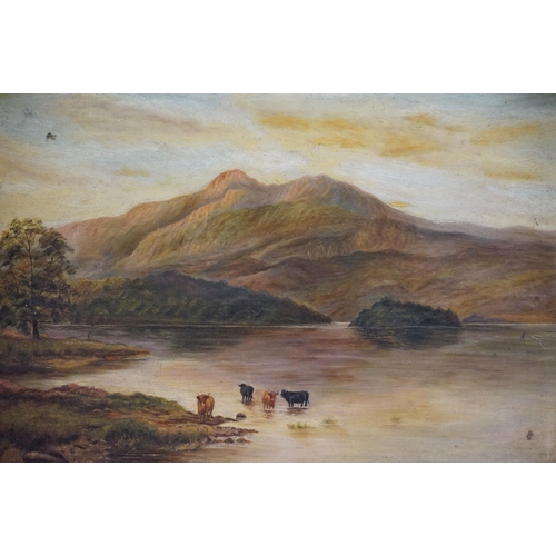 475 - Late 19th century / early 20th century Scottish school, lake scene with cattle, oil on board, initia... 