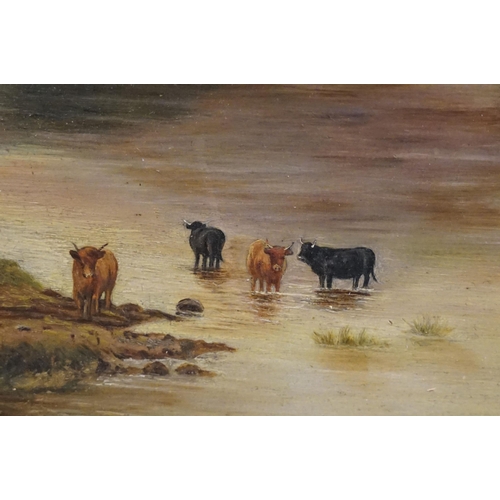 475 - Late 19th century / early 20th century Scottish school, lake scene with cattle, oil on board, initia... 