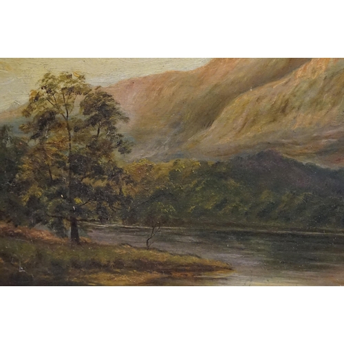 475 - Late 19th century / early 20th century Scottish school, lake scene with cattle, oil on board, initia... 