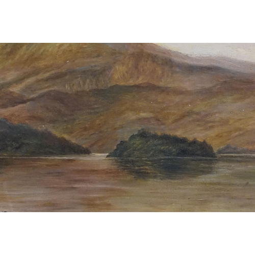 475 - Late 19th century / early 20th century Scottish school, lake scene with cattle, oil on board, initia... 