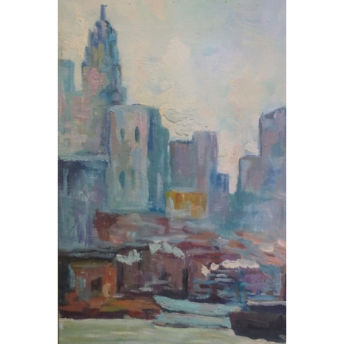 484 - Impressionist busy city and river view with shipping, oil painting, 35 x 50cm, framed and glazed