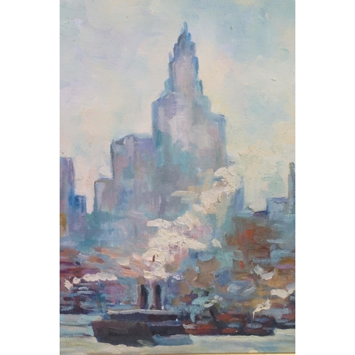 484 - Impressionist busy city and river view with shipping, oil painting, 35 x 50cm, framed and glazed