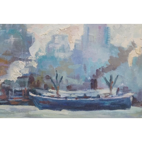 484 - Impressionist busy city and river view with shipping, oil painting, 35 x 50cm, framed and glazed