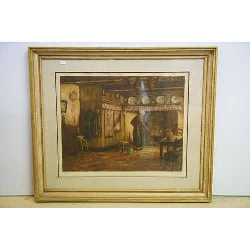 485 - After Albert Geudens (Belgian, 1869 - 1949), interior scene, coloured etching, signed in pencil lowe... 