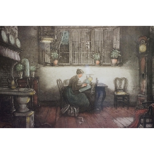 485 - After Albert Geudens (Belgian, 1869 - 1949), interior scene, coloured etching, signed in pencil lowe... 