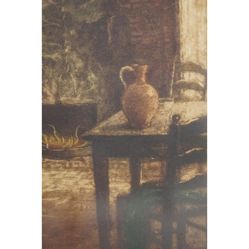 485 - After Albert Geudens (Belgian, 1869 - 1949), interior scene, coloured etching, signed in pencil lowe... 