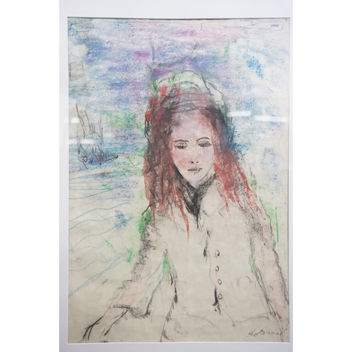 492 - Continental school, portrait of a girl with red hair, pastel, signed indistinctly lower right, 70 x ... 