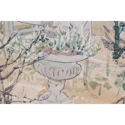 498 - 20th century English school, study of a garden scene with furniture, watercolour, signed indistinctl... 