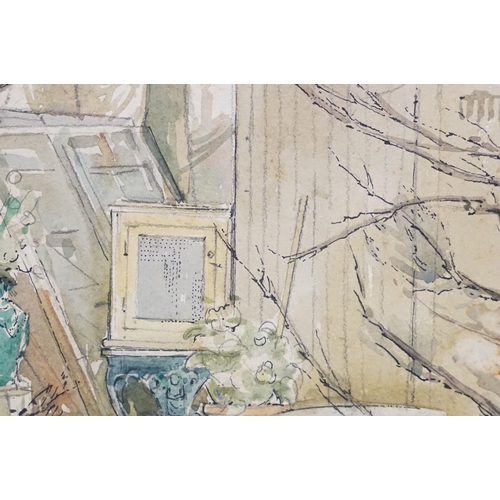 498 - 20th century English school, study of a garden scene with furniture, watercolour, signed indistinctl... 