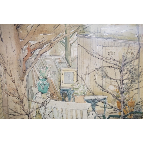 498 - 20th century English school, study of a garden scene with furniture, watercolour, signed indistinctl... 