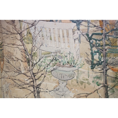 498 - 20th century English school, study of a garden scene with furniture, watercolour, signed indistinctl... 