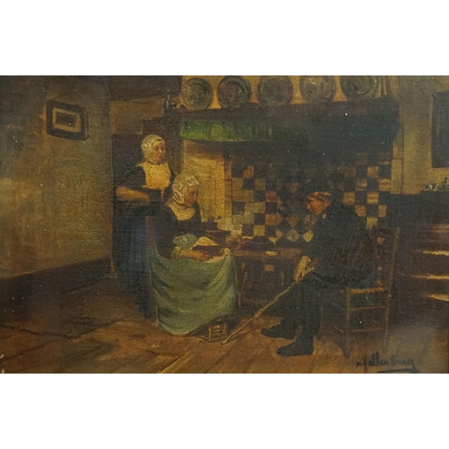 504 - 19th century Dutch school, interior scene with figures seated by a hearth, oil on panel, signed lowe... 