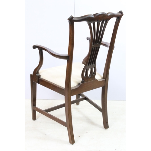 567 - Mahogany shaped back armchair with upholstered seat over square legs, H 89cm together with a mahogan... 