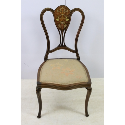 568 - Pair of detailed marquetry inlaid mahogany chairs with shaped backs and slender tapered legs, H 84cm... 