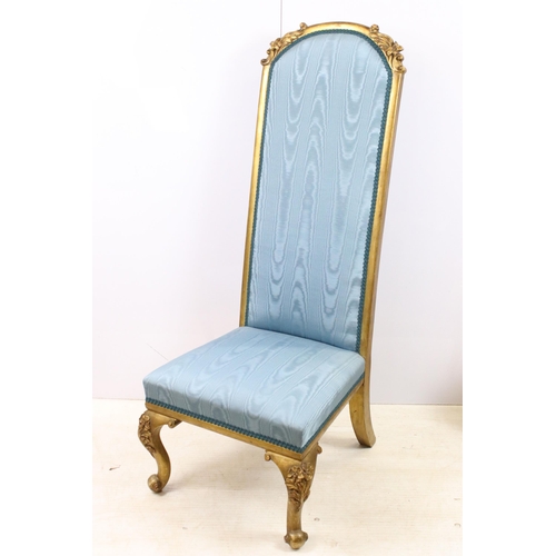 570 - Rococo French style gilded wood cane back bedroom chair with blue upholstery, H90cm together with a ... 