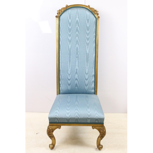 570 - Rococo French style gilded wood cane back bedroom chair with blue upholstery, H90cm together with a ... 