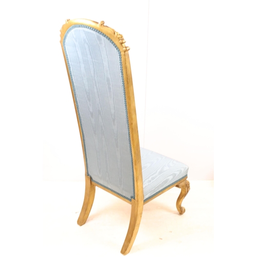 570 - Rococo French style gilded wood cane back bedroom chair with blue upholstery, H90cm together with a ... 