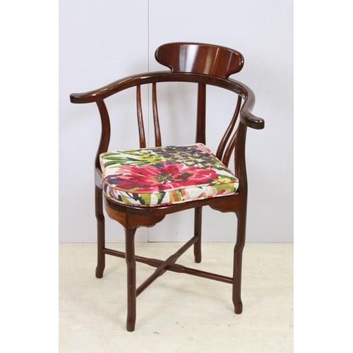 577 - Pair of mahogany corner chairs with removable padded seats with shaped backs and X frame stretcher t... 