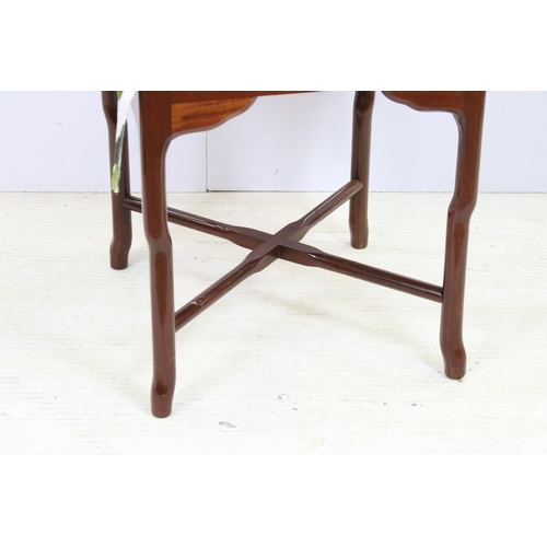 577 - Pair of mahogany corner chairs with removable padded seats with shaped backs and X frame stretcher t... 