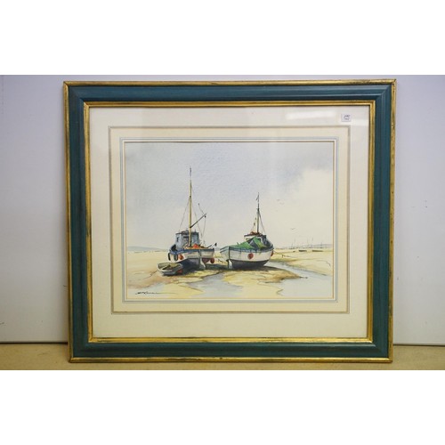 532 - Phillip Osment, Conwy Castle, bridge and harbour with boats, watercolour, signed lower left, label v... 