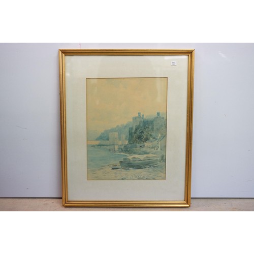 532 - Phillip Osment, Conwy Castle, bridge and harbour with boats, watercolour, signed lower left, label v... 