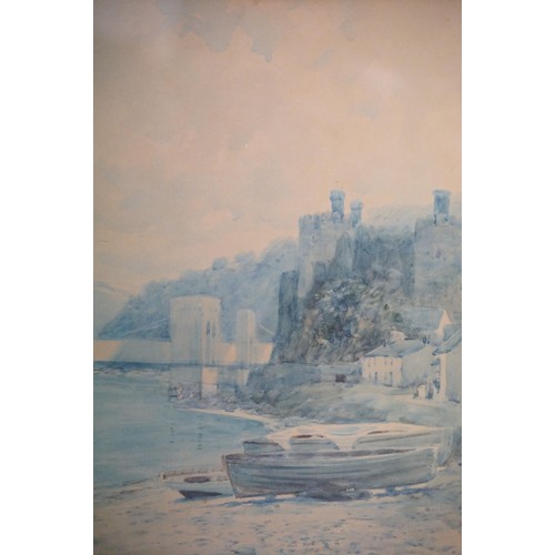 532 - Phillip Osment, Conwy Castle, bridge and harbour with boats, watercolour, signed lower left, label v... 