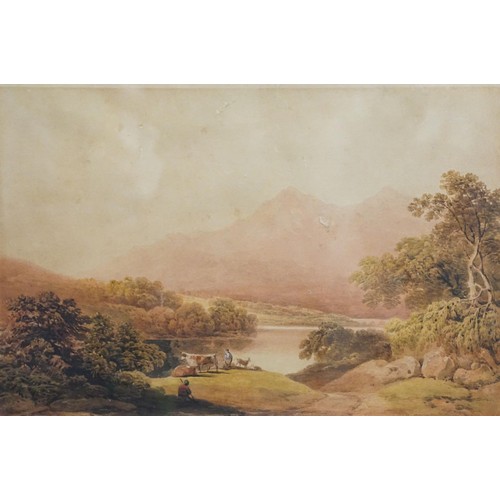 537 - John Varley (British, 1778 - 1842), Welsh landscape circa 1810 showing figures by a mountainous lake... 