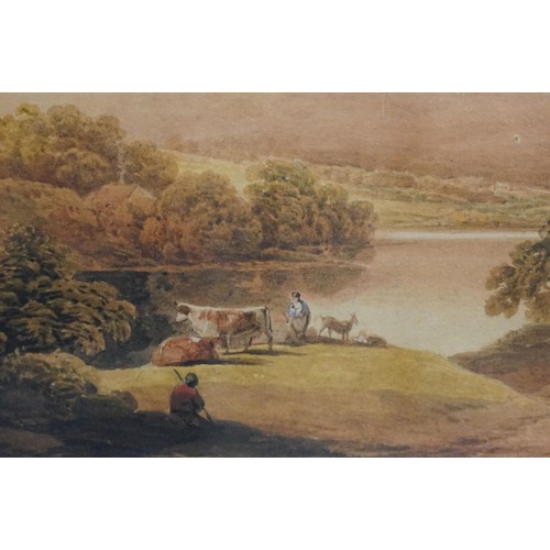 537 - John Varley (British, 1778 - 1842), Welsh landscape circa 1810 showing figures by a mountainous lake... 