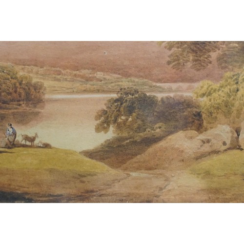 537 - John Varley (British, 1778 - 1842), Welsh landscape circa 1810 showing figures by a mountainous lake... 