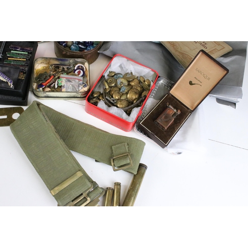 288 - Collection of mixed items to include brass cartridge case, souvenir belt with fourteen badges, Will'... 