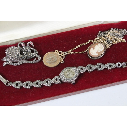 300 - Collection of costume jewellery to include silver and marcasite swan brooch, silver Viking boat broo... 