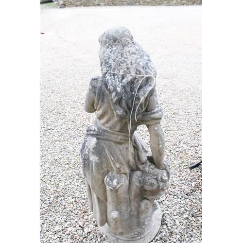 538 - Reconstituted stone statue of girl in robe with flowers, approx. H 134cm