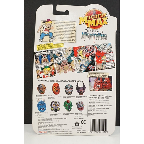 259 - Four carded Bluebird Mighty Max play sets to include Defeats Nightwing, Out-freaks Freaks (card bend... 