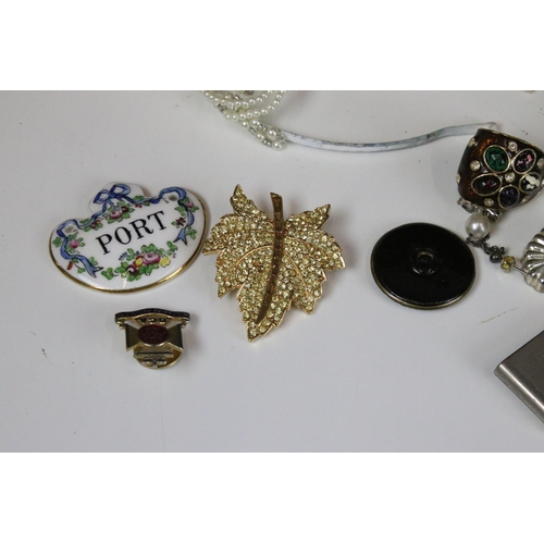 340 - Selection of costume jewellery to include silver plate card holder, metal jewelled tin, buttons, ena... 