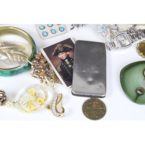 340 - Selection of costume jewellery to include silver plate card holder, metal jewelled tin, buttons, ena... 