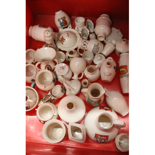 93 - A large selection of crested ware to include Exeter, Southend on Sea, Norwich and Dover examples (3 ... 