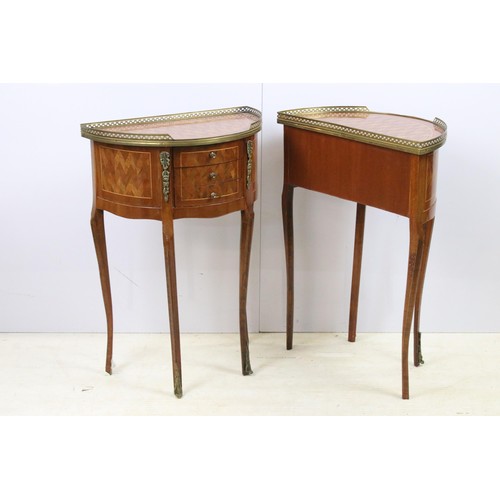 581 - Pair of mahogany semi-circular three-drawer bedside cabinets with marquetry inlay, pierced gilt meta... 