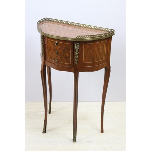 581 - Pair of mahogany semi-circular three-drawer bedside cabinets with marquetry inlay, pierced gilt meta... 