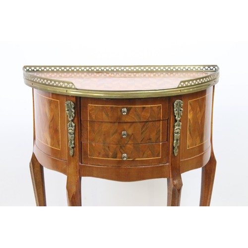 581 - Pair of mahogany semi-circular three-drawer bedside cabinets with marquetry inlay, pierced gilt meta... 