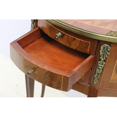 581 - Pair of mahogany semi-circular three-drawer bedside cabinets with marquetry inlay, pierced gilt meta... 