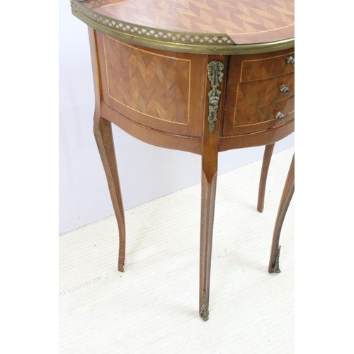 581 - Pair of mahogany semi-circular three-drawer bedside cabinets with marquetry inlay, pierced gilt meta... 