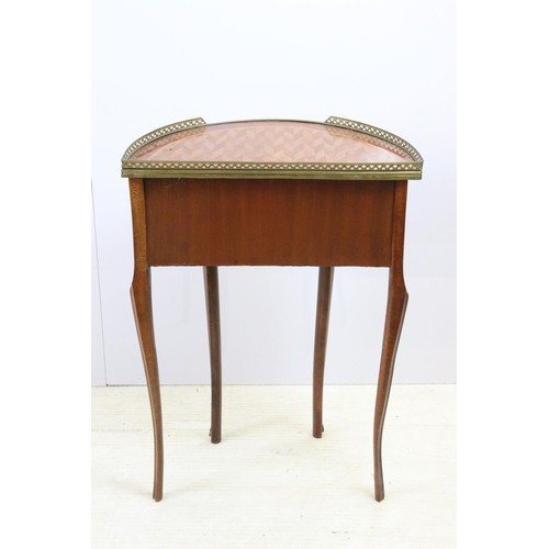 581 - Pair of mahogany semi-circular three-drawer bedside cabinets with marquetry inlay, pierced gilt meta... 