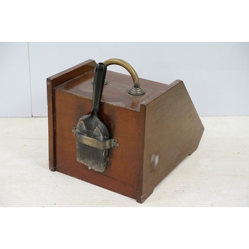 634 - 20th century wooden inlay detail coal scuttle with lead lining, shovel and brass handle, approx. H 3... 