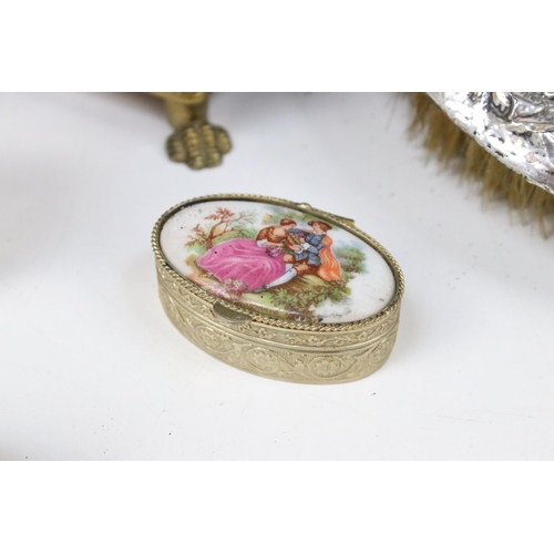 205 - Victorian part dressing table set, with embossed white metal mounts comprising: mirror, brush, comb ... 