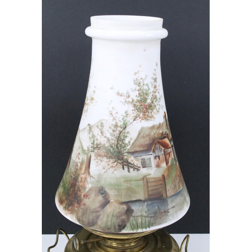 441A - Early 20th century brass English Petroleum Lamp Co, Birmingham, with hand-painted conical glass shad... 