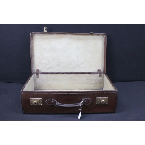 446 - Vintage leather suitcase, H 17.5cm W 61cm, D 35.5cm